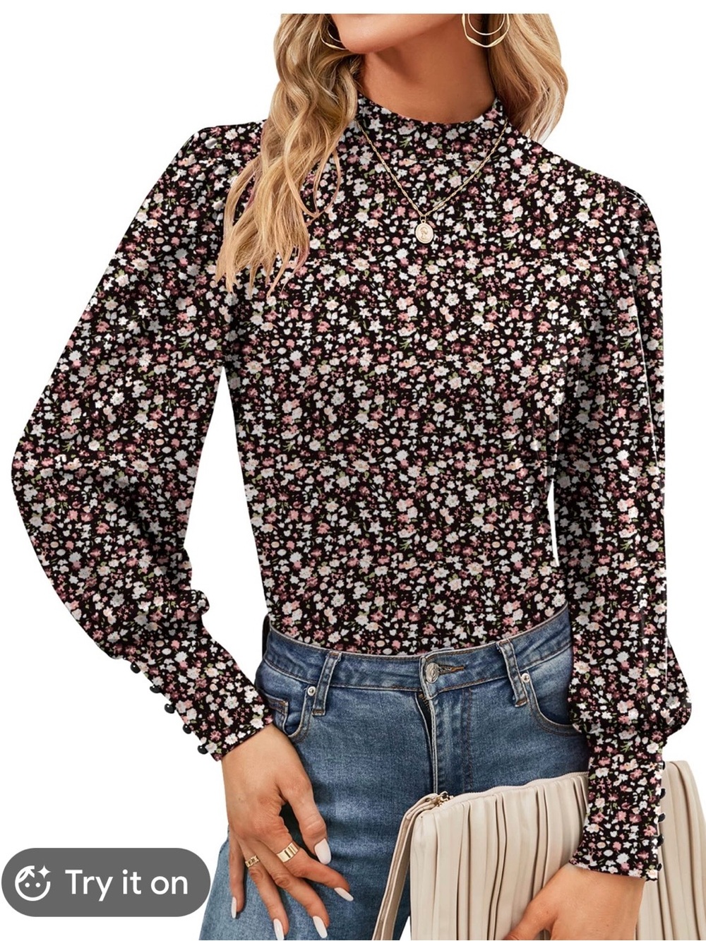 High Neck Floral Blouse in Black with Pink and White Blooms